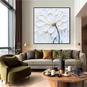 Original Textured White Flower Painting, 3D Floral Wall Art, Minimalist Impasto Canvas Art, Modern Artwork, Large Square Art For Living Room