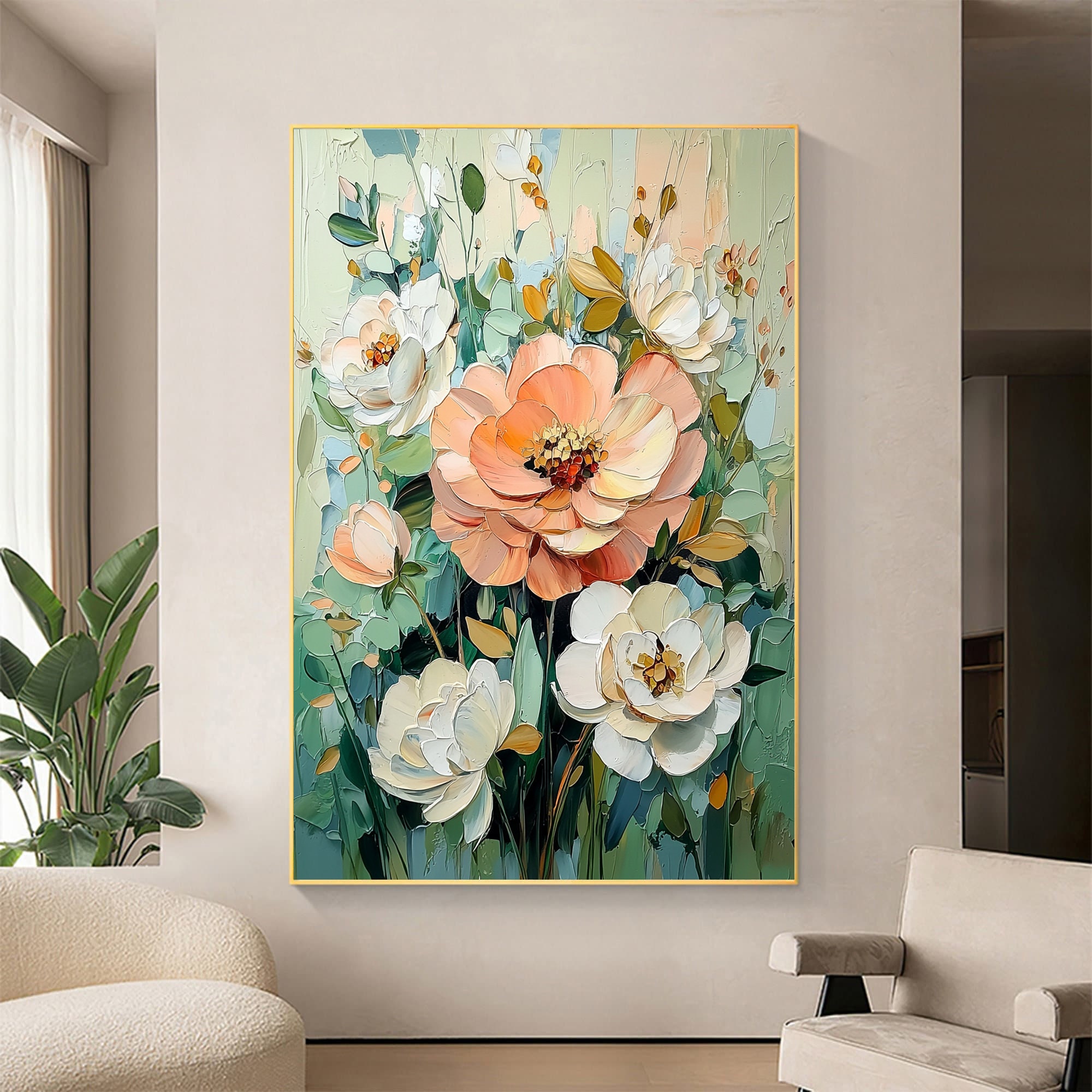 Original 3D Texture Floral Oil Painting on Canvas, Large Abstract Minimalist Flower Wall Art, Custom Modern Fashion Bedroom Home Decor Gift