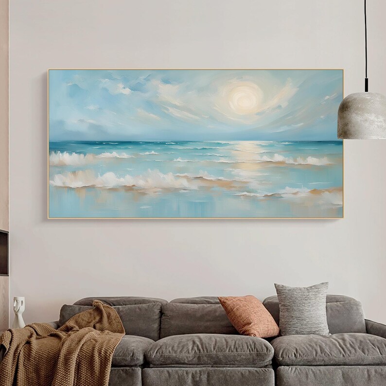 Original Blue Ocean Scenery Oil Painting On Canvas, Large Seascape Wall Art, Abstract Sea Waves Painting, Modern Living Room Home Decor