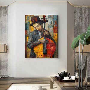 Abstract Cellist Oil Painting on Canvas, Large Wall Art Original Textured Figure Painting Contemporary Home Decor Handmade Cello Player Gift