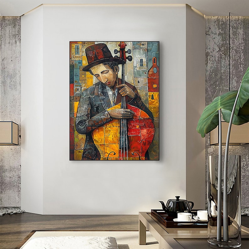 Abstract Cellist Oil Painting on Canvas, Large Wall Art Original Textured Figure Painting Contemporary Home Decor Handmade Cello Player Gift