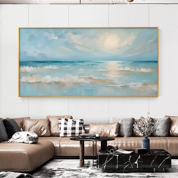 Original Blue Ocean Scenery Oil Painting On Canvas, Large Seascape Wall Art, Abstract Sea Waves Painting, Modern Living Room Home Decor