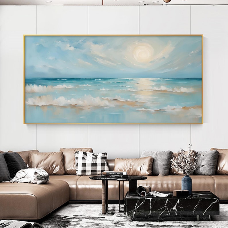 Original Blue Ocean Scenery Oil Painting On Canvas, Large Seascape Wall Art, Abstract Sea Waves Painting, Modern Living Room Home Decor