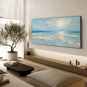 Original Blue Ocean Scenery Oil Painting On Canvas, Large Seascape Wall Art, Abstract Sea Waves Painting, Modern Living Room Home Decor