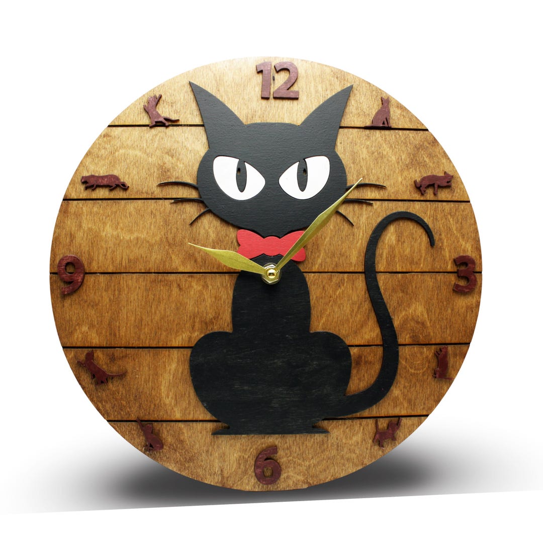 Rustic Cat Clock Cat Wooden Clock, Black Cat Wood Decor, Modern Wood Wall Clock, Idea ...