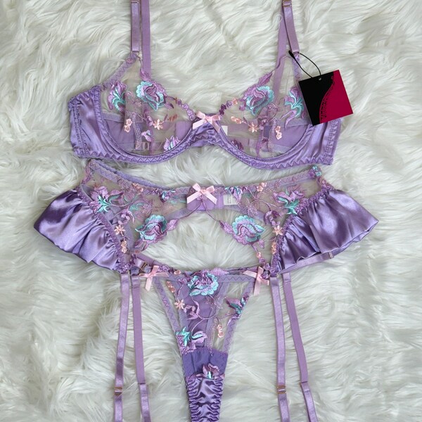 Romantic Embroidery Dream | Purple Floral Lingerie | Sexy Suspenders| Luxurious Intimates | Delicate Bows