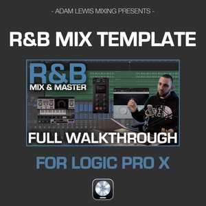 May include: A screen capture of a video tutorial on mixing and mastering R&B music in Logic Pro X. The video features a man in front of a computer screen, with the text "R&B MIX TEMPLATE" and "FULL WALKTHROUGH" displayed on the screen.