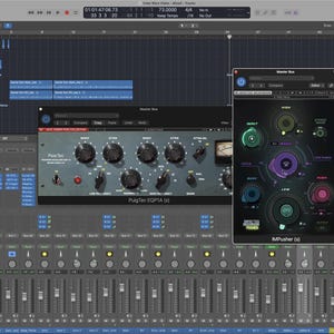 May include: A computer screen displaying a digital audio workstation (DAW) interface. The interface shows audio tracks, mixing controls, and several audio effect plugins, including a Pultec EQ and an M-Pusher plugin.