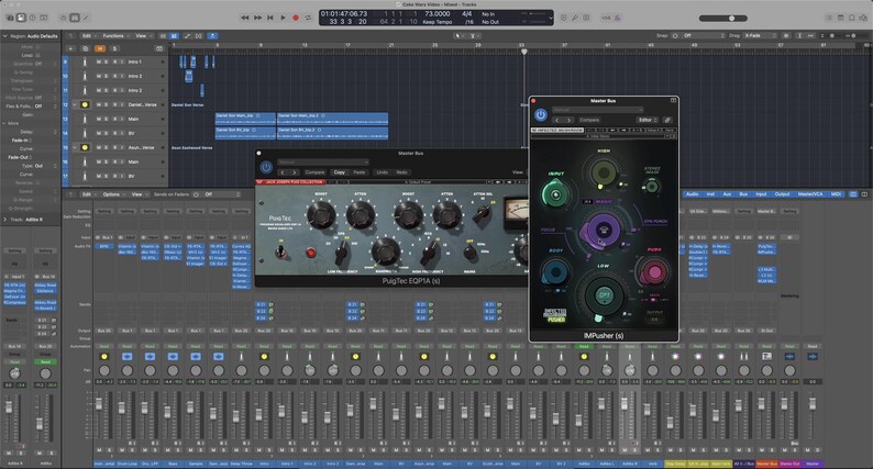 May include: A computer screen displaying a digital audio workstation (DAW) interface. The interface shows audio tracks, mixing controls, and several audio effect plugins, including a Pultec EQ and an M-Pusher plugin.