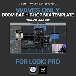 May include: A dark gray graphic with the text "WAVES ONLY BOOM BAP HIP-HOP MIX TEMPLATE" and "FOR LOGIC PRO." The image shows a computer screen displaying audio mixing software. The Waves and Logic Pro logos are at the bottom.