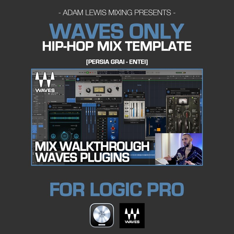 K&ouml;nnte beinhalten: Werbebild f&uuml;r eine Hip-Hop-Mix-Vorlage f&uuml;r Logic Pro mit Waves-Plugins. Der Text enth&auml;lt "Waves Only", "Mix Walkthrough" und "For Logic Pro". Ein Video zeigt einen Mann, und das Waves-Logo ist sichtbar.