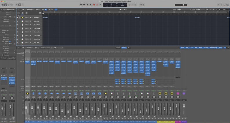 K&ouml;nnte beinhalten: Ein Screenshot einer digitalen Audio-Workstation (DAW)-Oberfl&auml;che. Die Oberfl&auml;che ist haupts&auml;chlich grau und blau, mit zahlreichen Schiebereglern, Tasten und Wellenformanzeigen. Der obere Bereich zeigt eine leere Spur, w&auml;hrend der untere Bereich eine Mischkonsole anzeigt.