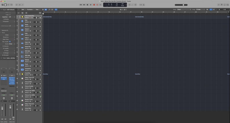 K&ouml;nnte beinhalten: Screenshot einer digitalen Audio-Workstation (DAW)-Oberfl&auml;che. Die Oberfl&auml;che ist haupts&auml;chlich dunkelgrau mit einem Rastermuster. Verschiedene Bedienelemente und Spureinstellungen sind auf der linken Seite sichtbar, mit einer Zeitleiste und einer Spuranordnung auf der rechten Seite.