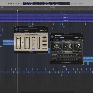 May include: A computer screen displaying a digital audio workstation interface. Two plugin windows are open, showing audio processing controls. The interface features a dark background with various tracks and audio waveforms, and a top menu bar.