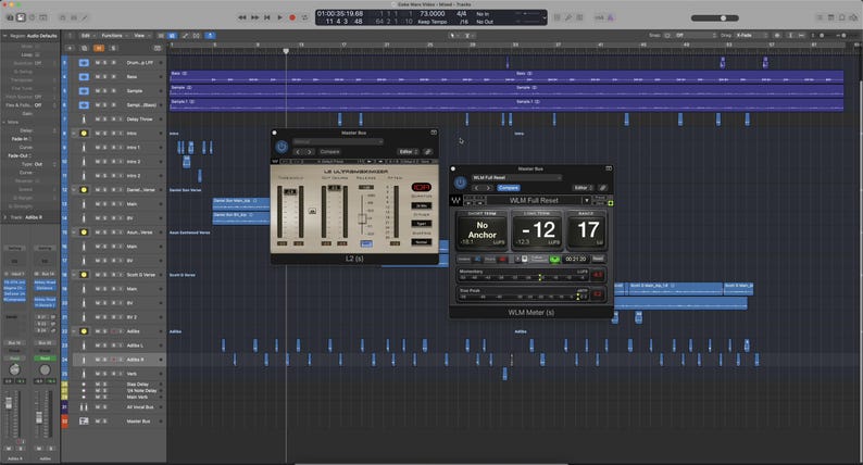 May include: A computer screen displaying a digital audio workstation interface. Two plugin windows are open, showing audio processing controls. The interface features a dark background with various tracks and audio waveforms, and a top menu bar.