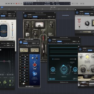 K&ouml;nnte beinhalten: Ein Computerbildschirm mit mehreren Audio-Mixing-Software-Oberfl&auml;chen. Verschiedene Plugins sind sichtbar, darunter EQ, Kompressor und andere Audioverarbeitungswerkzeuge. Die Oberfl&auml;chen verf&uuml;gen &uuml;ber Kn&ouml;pfe, Messger&auml;te und Schieberegler mit einem dunklen Thema.