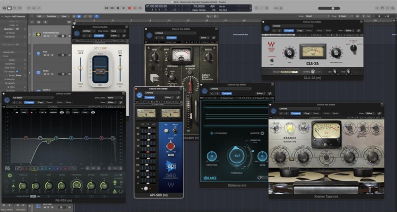 K&ouml;nnte beinhalten: Ein Computerbildschirm mit mehreren Audio-Mixing-Software-Oberfl&auml;chen. Verschiedene Plugins sind sichtbar, darunter EQ, Kompressor und andere Audioverarbeitungswerkzeuge. Die Oberfl&auml;chen verf&uuml;gen &uuml;ber Kn&ouml;pfe, Messger&auml;te und Schieberegler mit einem dunklen Thema.