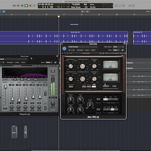 May include: A computer screen displays a digital audio workstation interface. Several audio plugins are open, including a mixing console and a dbx 160 compressor. The interface shows audio waveforms and various control panels for music production.