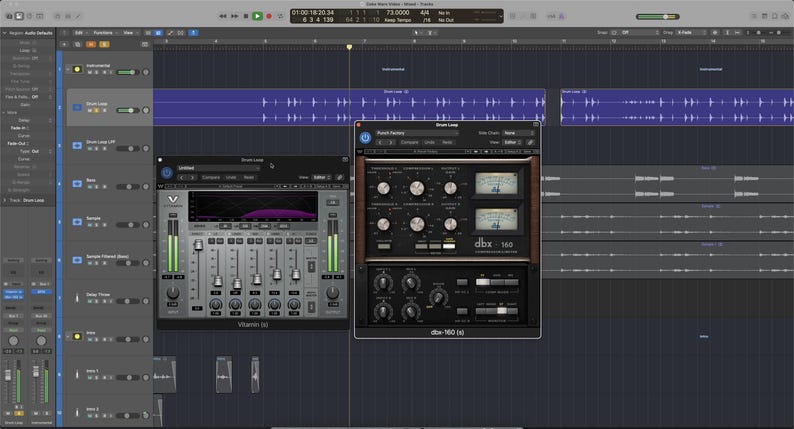 May include: A computer screen displays a digital audio workstation interface. Several audio plugins are open, including a mixing console and a dbx 160 compressor. The interface shows audio waveforms and various control panels for music production.