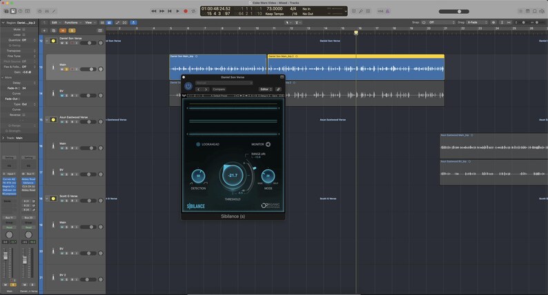 May include: A computer screen displaying audio editing software. The interface features a dark theme with various controls, waveforms, and a pop-up window labeled "Spectral Gate Stereo." The window has dials and sliders for audio adjustments.