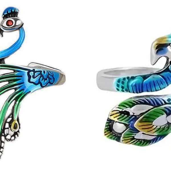 Peacock Ring with Enamel - Crochet and Knitting Yarn Tensioner Guide - Sold per each - Adjustable - 2 color choices