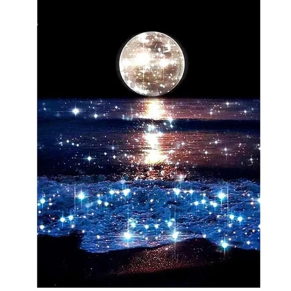 Seaside Sparkling Moon - DIY Round 5D Rhinestone Diamond Painting Kit - Mosaic Diamond Painting 30x40cm/16x12inch overall