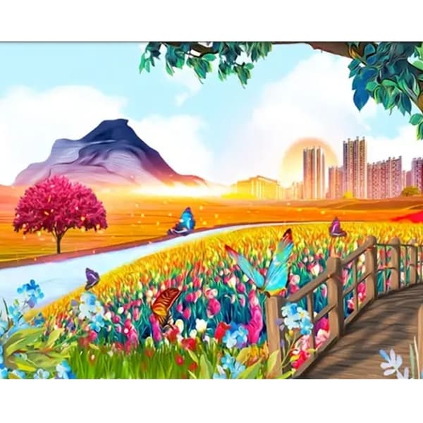 Cottage Landscape - Mountain View - DIY Round 5D Rhinestone Diamond Painting Kit - Mosaic Diamond Painting 30x40cm/16x12inch overall