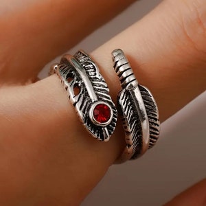 Silver colored Feather Ring with Red Stone - Crochet and Knitting Yarn Tensioner Guide - Sold per each - Adjustable