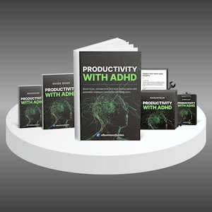 以下が含まれることがあります： ADHDを持つ人向けの生産性ガイドとツールのセット。セットには、ガイドブック、ワークブック、チェックリスト、ツールスタックが含まれています。ガイドブックは、緑色の脳のグラフィックと「ADHDによる生産性」というテキストが書かれた黒い表紙です。ワークブックは、「ADHDによる生産性」というテキストが書かれた黒い表紙です。チェックリストは、「ADHDによる生産性」というテキストが書かれた黒い表紙です。ツールスタックは、「ADHDによる生産性」というテキストが書かれた黒い表紙です。