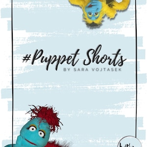 Könnte beinhalten: Eine blaue und gelbe Puppe mit roten Haaren schaut aus der rechten unteren Ecke eines blau-weiß gestreiften Hintergrunds. Der Text "#Puppet Shorts" und "By Sara Vojtasek" ist in schwarzer Schrift auf dem Hintergrund. Das KidMin Connect Logo befindet sich in der rechten unteren Ecke.