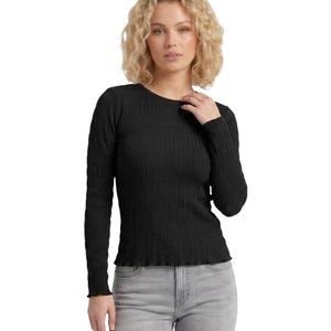 Women's long sleeve blouse top stretchy textured frill hem in black size 8-16