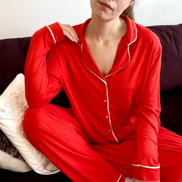 Women's Gifts for Her pyjamas long sleeve button down piping wide leg PJ set in red size 4-20