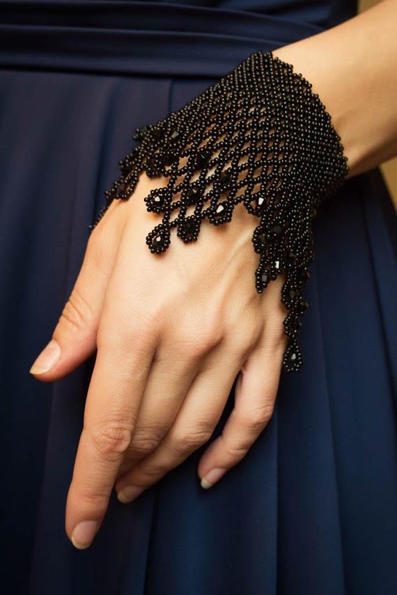 Black Beaded Lace Bracelet • Handwoven Evening Jewelry • Elegant Fringe Cuff • Statement Beadwork Accessory