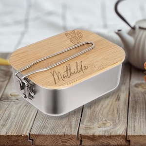 Gepersonaliseerde lunchbox, kleuterschool, schoolinschrijving, gemaakt van bamboe en roestvrij staal