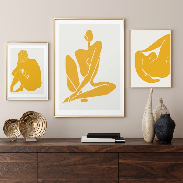 Set of 3 Abstract Yellow Set Prints, Female Body Wall Art Print, Woman Figure Print, Minimalist Female Silhouette, Feminine Women Line Art