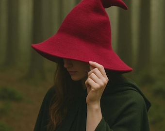 Chapeau de sorcière médiéval | Chapeau fantaisie Renaissance | Chapeau gothique de vampire Ren Faire | Bonnet d'Halloween en laine de sorcière | Accessoire de costume de GN vintage