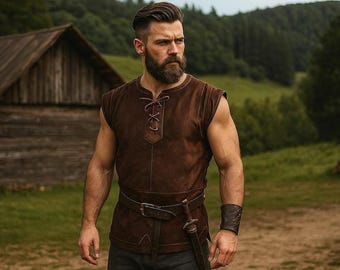 Herren Renaissance Ritterweste | Gothic Mittelalter Ärmellose Weste | Viking Ren Faire Weste | Pirat Cosplay Tunika | Vintage Punk Hemd