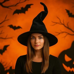 May include: A person wearing a black witch's hat and top, set against an orange backdrop with Halloween silhouettes of bats, trees, and jack-o'-lanterns. The image has a festive, spooky atmosphere.