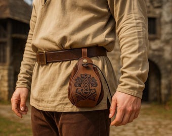 Porte-monnaie médiéval en cuir PU | Sac banane Renaissance Fair Rune | Sac à cordon gothique pour GN | Sac Viking Ren Faire | Accessoire d'Halloween