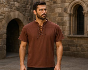 Chemise homme Renaissance Fair, tunique GN vintage rétro, chemise gothique médiévale, chemises à manches courtes et longues Ren Faire, costume de cosplay viking