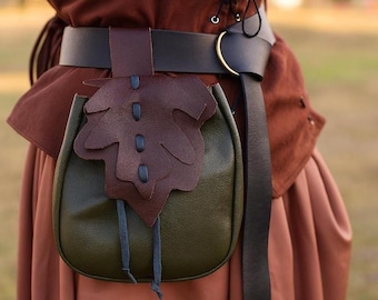 Riñonera de hoja élfica – Bolsa de cuero hecha a mano para LARP, cosplay, ferias vikingas y renacentistas / Riñonera de fantasía medieval para aventureros