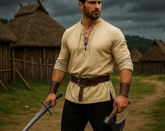 Tunique et pantalon vikings médiévaux | Déguisement de la foire Renaissance pour homme | Tenue de GN Viking | Ensemble pantalon et tunique pirate | Vêtements de cosplay
