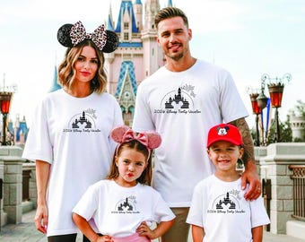 Personalised 2026 Disney Castle & Fireworks Matching T-shirts, Disneyland / Disneyworld Family Holiday / Vacation in various colours.