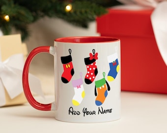 Personalised Disney Mickey, Minnie, Goofy, Pluto & Daisy Stockings Novelty Christmas Mug | Choice of mug colours available | Fast Despatch