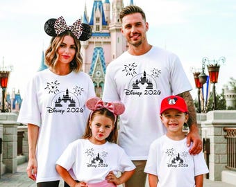 Personalised 2026 Disney Castle & Fireworks Matching T-shirts, Disney Family Holiday / Vacation in various colours.