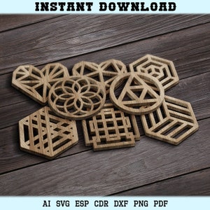 Geometric Coasters Glowforge Cut Files SVG Wood Coasters And Trivets  Vector Wall Decor Modern Laser Cut DXF Files Laser Cutting Glowforge