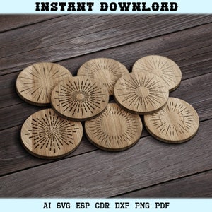 Glowforge Sun Rays Laser Cut Coasters Trivet Sun Wood Coaster Rays Wall Decor Templates Vector Digital SVG DXF Files CNC Laser Cutting
