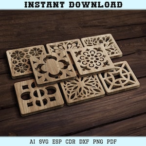 20 Glowforge vierkante Coaster Laser gesneden Trivet Wall Decor sjablonen Cricut SVG DXF-bestanden CnC lasersnijden bestanden, Instant Download