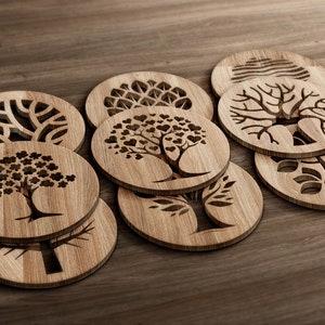 Glowforge laser cut wood coasters, Instant download, SVG coasters, Wood coasters SVG, 12 Tree Coaster Grill Trivet Templates Vector Digital