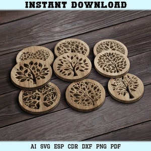 Träd Träunderlägg SVG Löv Glasunderlägg Laserskurna Filer Väggdekor Glowforge Cricut DXF Mallar Vektor Silhuett Ornament